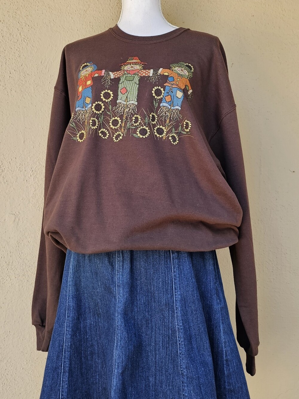 Scare Crows in A Sunflower Field Jerzees Pullover 90's Brown Sweatshirt Sz L
